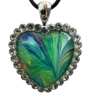 Handmade Heart Pendant Necklace Green Blue Fluid Art Cabochon Rhinestone Frame